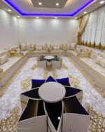 Diwanzane’s premium Majlis seating set in beige and gold, offering plush cushions and a sleek design, perfect for a stylish and inviting lounge.