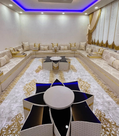 Diwanzane’s premium Majlis seating set in beige and gold, offering plush cushions and a sleek design, perfect for a stylish and inviting lounge.