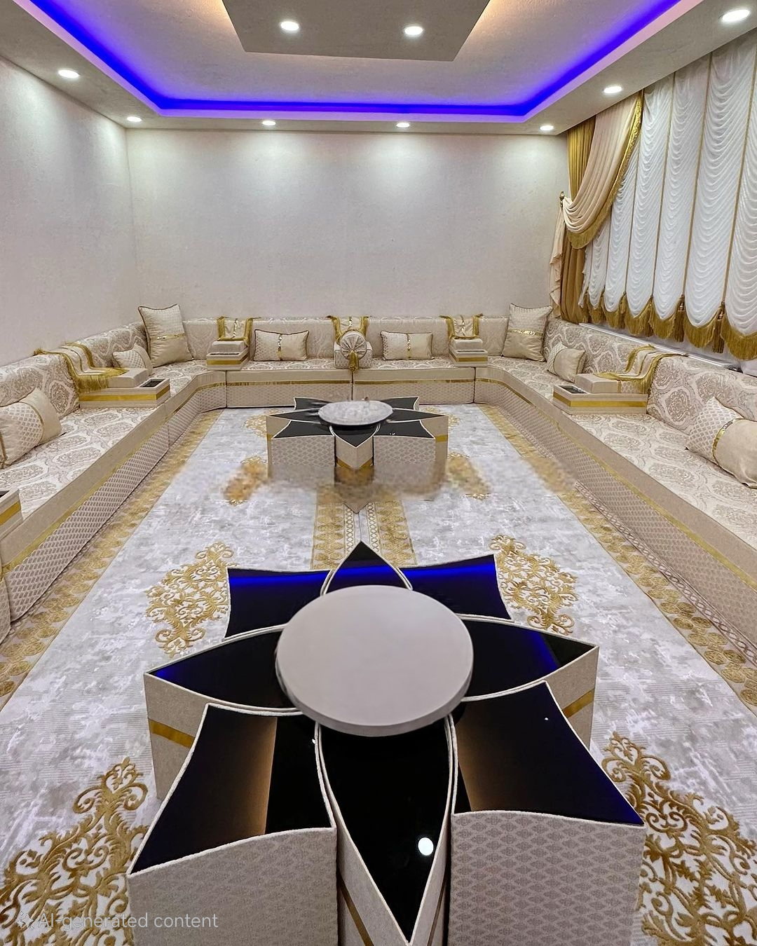 20241024_090818 Diwanzane’s premium Majlis seating set in beige and gold, offering plush cushions and a sleek design, perfect for a stylish and inviting lounge.