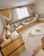 Elegant Arabic majlis wooden sofa with zippered, washable cushion covers for hotels, cafés, and offices