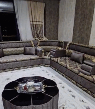 Custom Yemeni majlis seating made of wood with plush velvet upholstery, suitable for homes and offices for USA