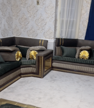 Custom Yemeni majlis seating made of wood with plush velvet upholstery, suitable for homes and offices