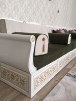 Elegant Yemeni majlis interior with comfortable seating and sleeping design for homes, hotels, and offices close up view