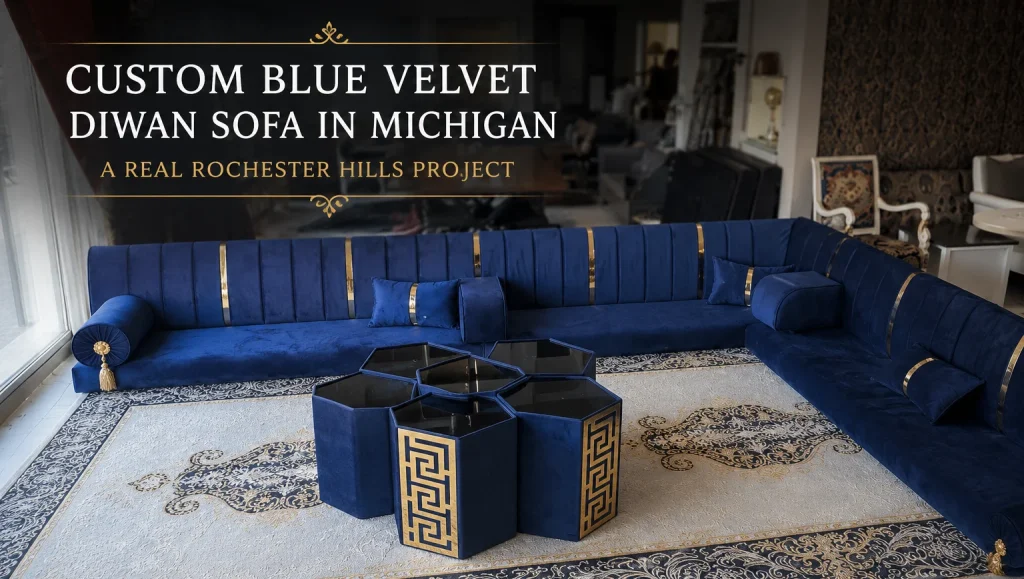 Custom blue velvet diwan sofa in Michigan with gold details in a Rochester Hills home