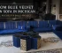 Custom blue velvet diwan sofa in Michigan with gold details in a Rochester Hills home