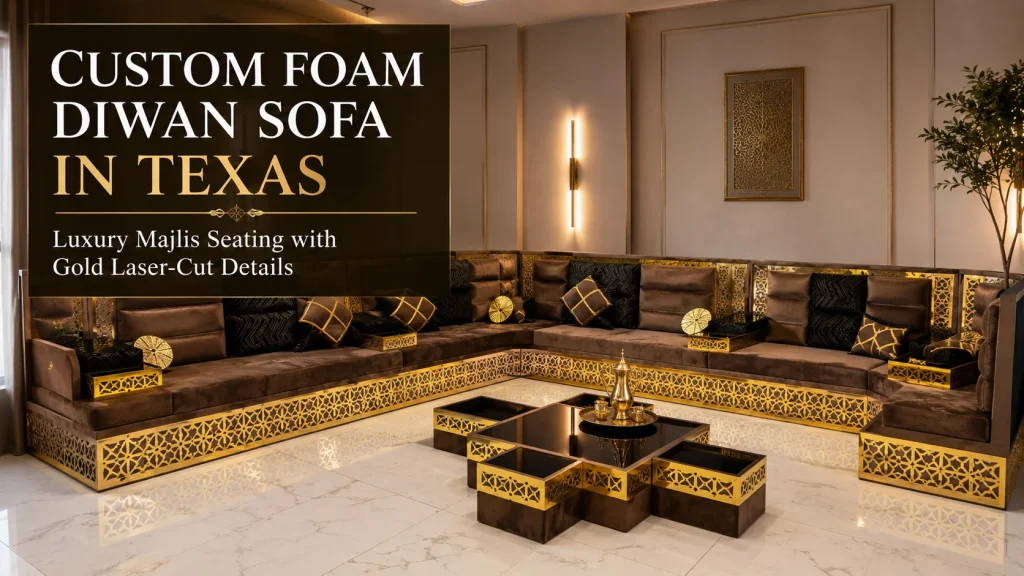 Custom foam diwan sofa in Texas with gold laser cut panels