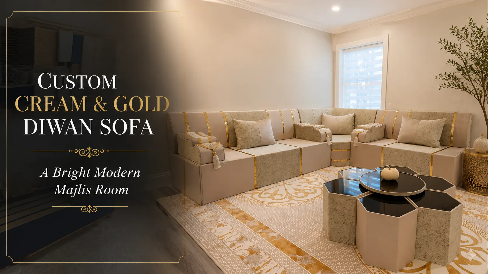 Custom cream and gold diwan sofa in a bright modern Majlis room