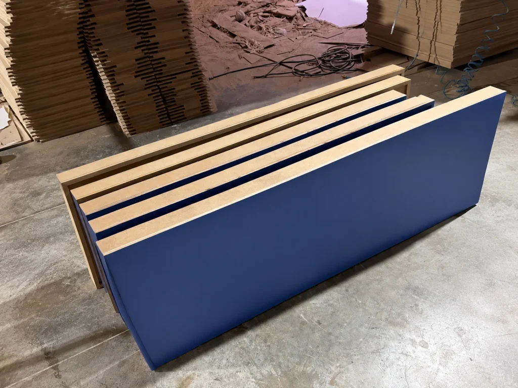Custom diwan sofa fabric panel during workshop production stage
