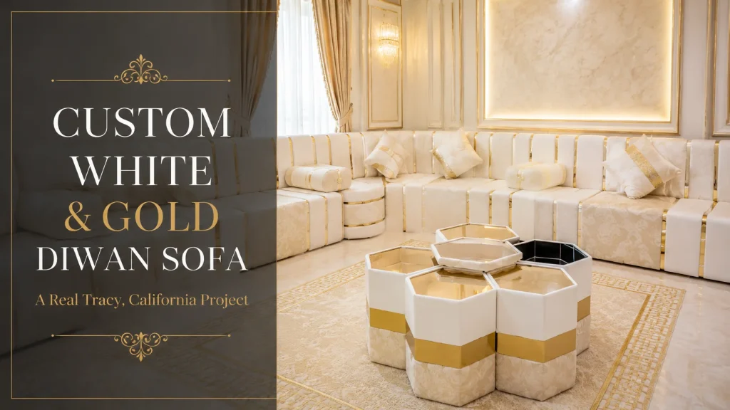 Custom white and gold diwan sofa in Tracy California with modular hexagonal table